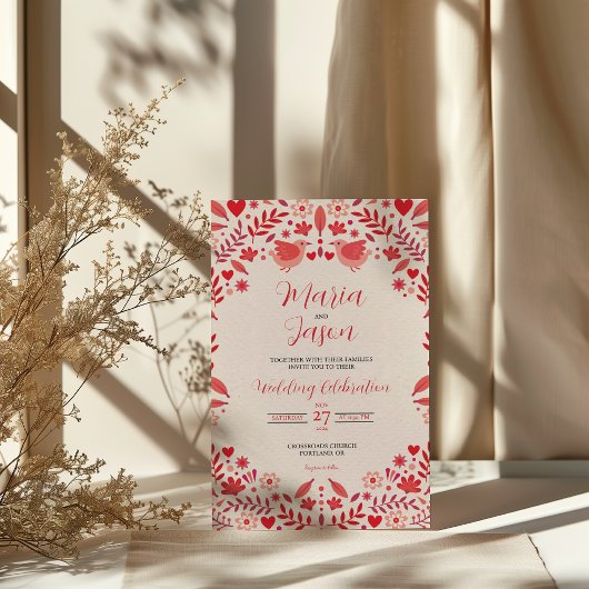 Mexican Pink Red Floral Elegant Aesthetic Wedding 招待状