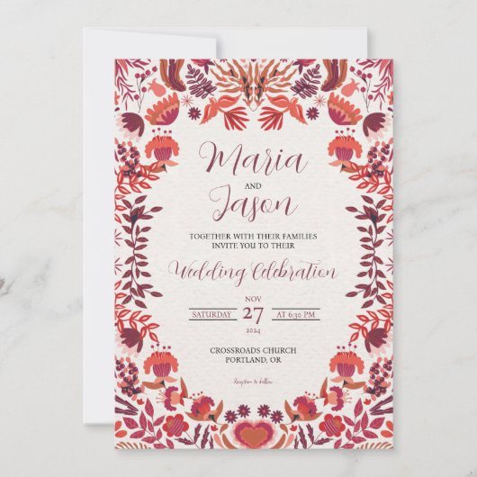 Mexican Red Burgundy Rose Floral Botanical Wedding 招待状 (正面)