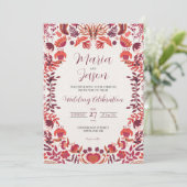 Mexican Red Burgundy Rose Floral Botanical Wedding 招待状 (スタンド正面)