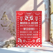 Mexican Red Papel Picado Fiesta Folk Art Wedding 招待状