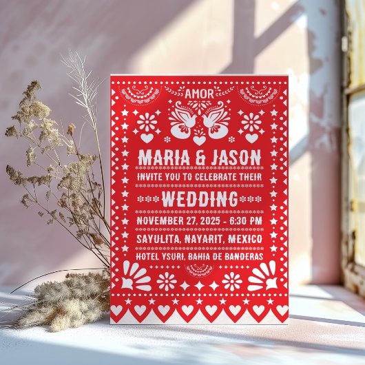 Mexican Red Papel Picado Fiesta Folk Art Wedding 招待状