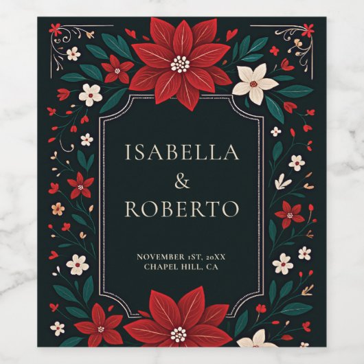 Mexican Rustic Elegant Christmas Red Wedding ワインラベル (シングルラベル)