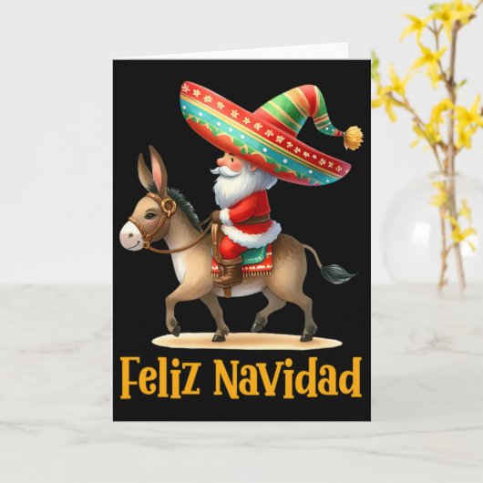 Mexican Santa Riding Donkey Christmas Navidad Mexi カード (黄色い花)