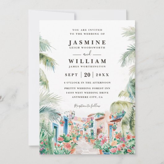 Mexican Scenery Palm Destination QR Code Wedding 招待状 (正面)