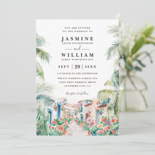 Mexican Scenery Palm Destination QR Code Wedding 招待状 (スタンド正面)