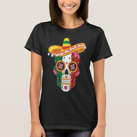 Mexican Skull Sombrero Cinco De Mayo Tシャツ (正面)