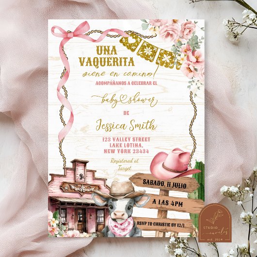 Mexican Spanish Girl Little Cowgirl Baby Shower 招待状