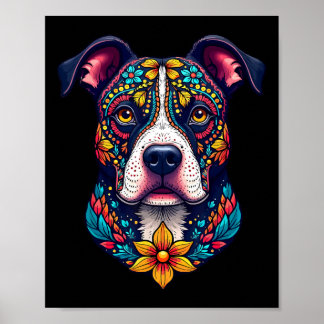 Mexican Sugar Skull Pitbull Dog Dia De Muertos Hal ポスター