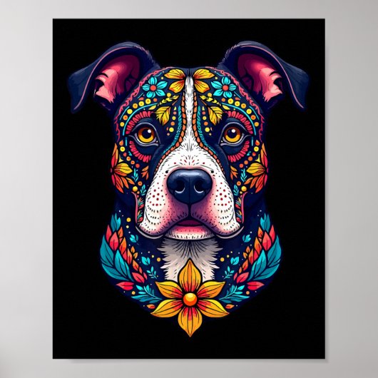 Mexican Sugar Skull Pitbull Dog Dia De Muertos Hal ポスター (正面)