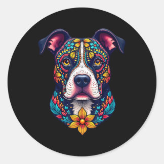 Mexican Sugar Skull Pitbull Dog Dia De Muertos Hal ラウンドシール