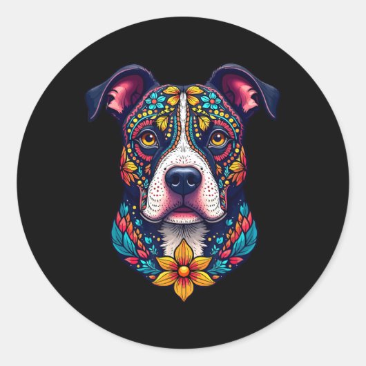 Mexican Sugar Skull Pitbull Dog Dia De Muertos Hal ラウンドシール (正面)