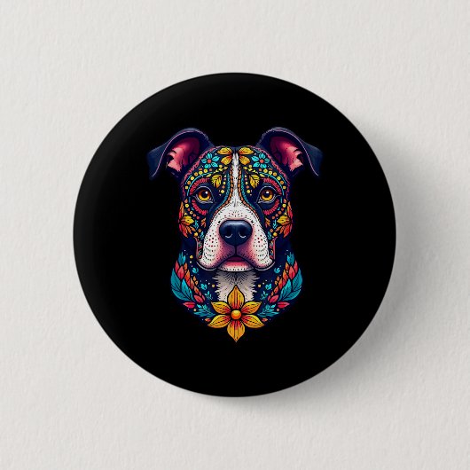 Mexican Sugar Skull Pitbull Dog Dia De Muertos Hal 缶バッジ (正面)