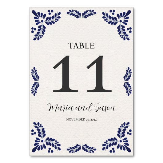 Mexican Talavera Black Floral Minimalist Wedding テーブルナンバー (正面)