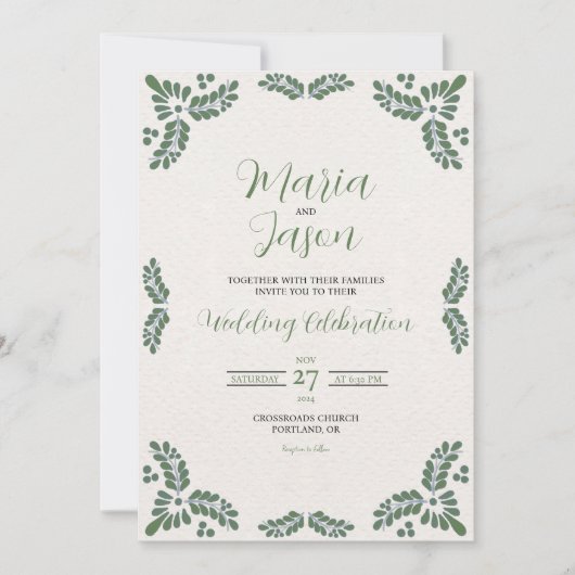 Mexican Talavera Green Floral Minimalist Wedding 招待状 (正面)