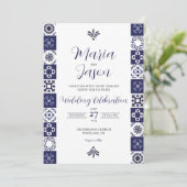 Mexican Talavera Majolica Navy Blue White Wedding 招待状 (スタンド正面)