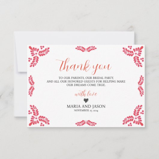 Mexican Talavera Orange Floral Minimalist Wedding サンキューカード (正面)