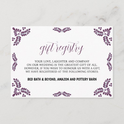 Mexican Talavera Purple Floral Minimalist Wedding エンクロージャーカード (正面)