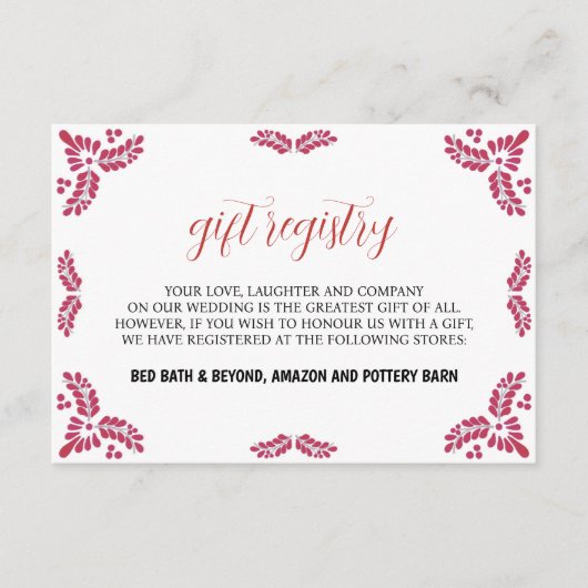 Mexican Talavera Red Floral Minimalist Wedding エンクロージャーカード (正面)