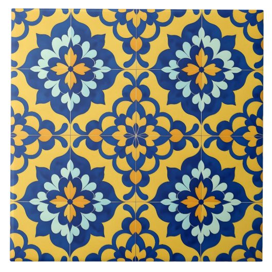 Mexican Talavera Spanish Azulejo Blue and Yellow タイル (正面)