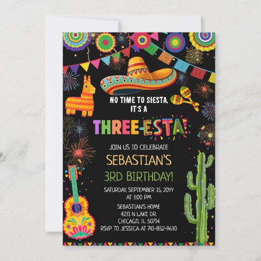 Mexican Three-Esta 3rd Birthday Party 招待状 (正面)