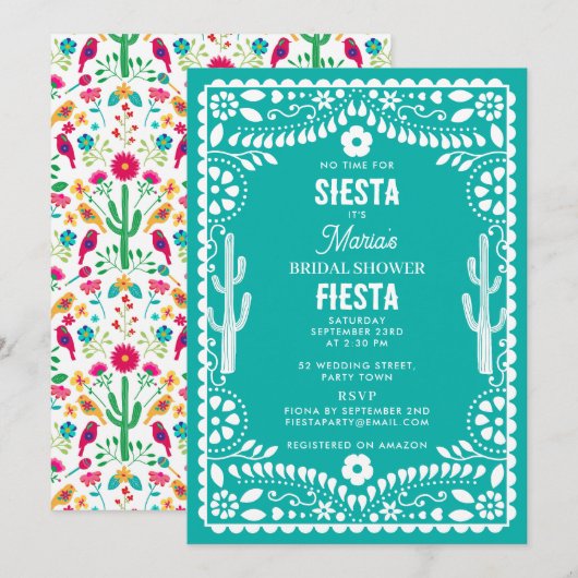 Mexican Traditional Floral Fiesta Bridal Shower 招待状 (正面/裏面)