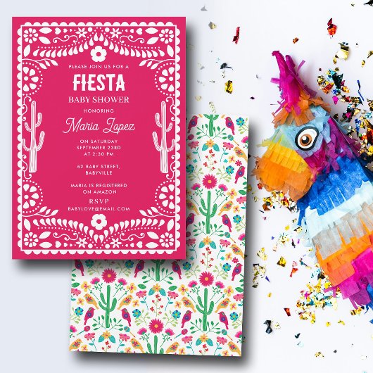 Mexican Traditional Floral Fiesta Pink Baby Shower 招待状
