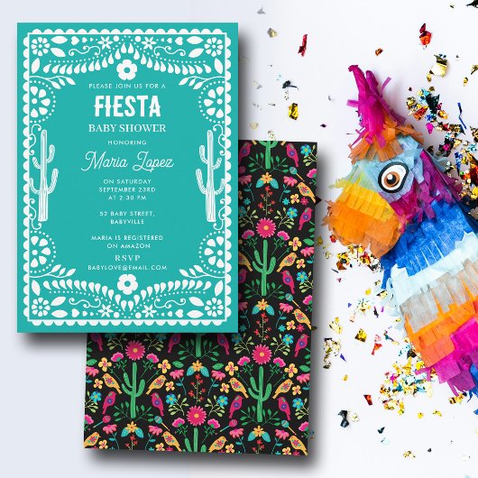 Mexican Traditional Floral Fiesta Teal Baby Shower 招待状