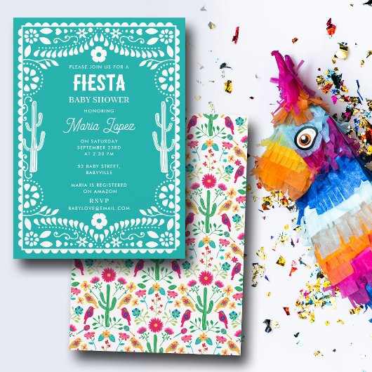 Mexican Traditional Floral Fiesta Teal Baby Shower 招待状