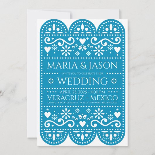 Mexican Turquoise Papel Picado Folk Art Wedding 招待状 (正面)