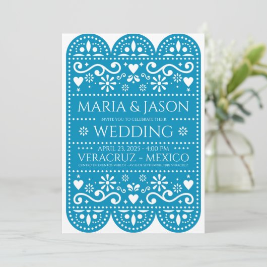 Mexican Turquoise Papel Picado Folk Art Wedding 招待状 (スタンド正面)