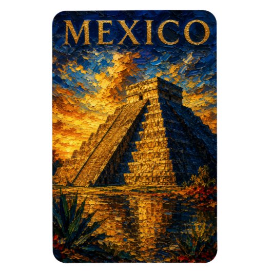 Mexico: Aesthetic Sunset Chichen Itza Art Souvenir マグネット (縦)