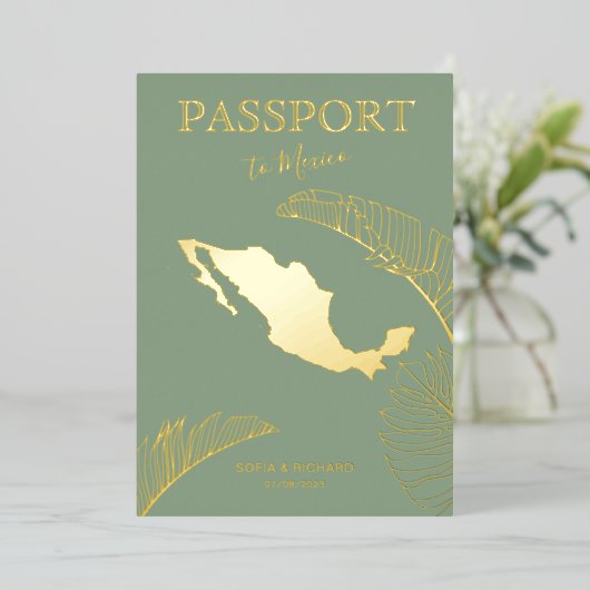 Mexico Beach Destination Wedding Passport 箔招待状 (立ち正面)