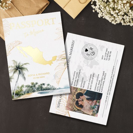 Mexico Destination Wedding Passport Gold 箔招待状