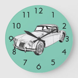 MGコンバーチブルスポーツカーイラストレーション ラージ壁時計