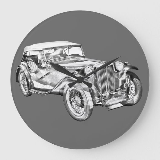 Mg Tcアンティークスポーツカーイラストレーション ラージ壁時計 (正面)