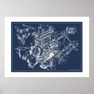 MG "TF"エンジン回路図ポスター – BluePrint ポスター