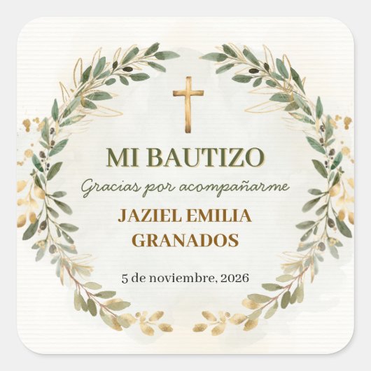 Mi Bautizo Stickers Personalized Baptism Labels スクエアシール (正面)