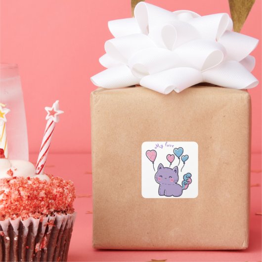 Mi-Mi kitten and hearts, personnalisées スクエアシール (パーティー)