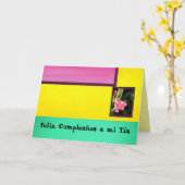 mi Tía -ピンクの花Feliz Cumpleaños カード (黄色い花)