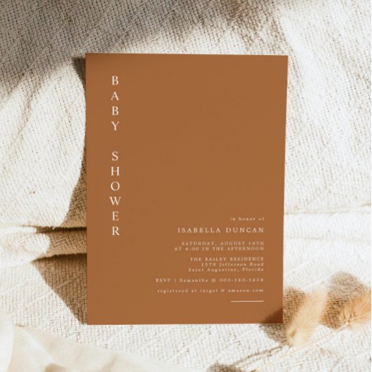 Mia – 燃えたオレンジモダン色のミニマリスト赤ちゃんシャワー 招待状