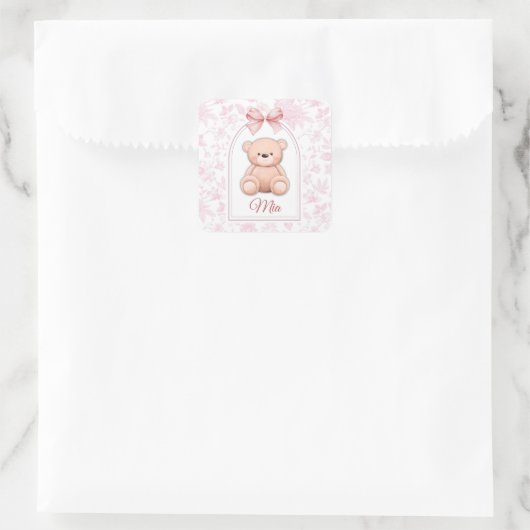 Mia | Custom Pink Teddy Bear Nursery Design スクエアシール (バッグ)