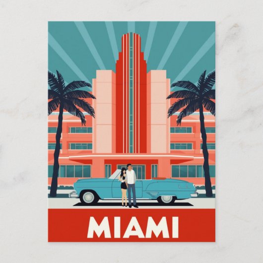 Miami Art Deco South Beach Retro Car ポストカード (正面)