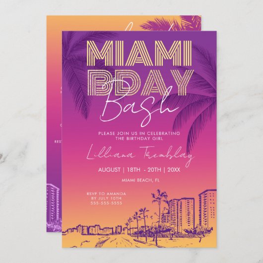 Miami Beach Birthday Weekend Itinerary 招待状 (正面/裏面)