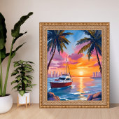 Miami Beach Boat Bay Sunset Watercolor Painting ポスター