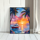 Miami Beach Boat Bay Sunset Watercolor Painting ポスター