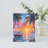Miami Beach Boat Bay Sunset Watercolor Painting ポストカード (スタンド正面)