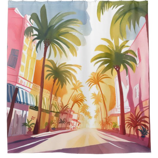 Miami Beach | Bright Colorful Watercolor Painting シャワーカーテン (正面)