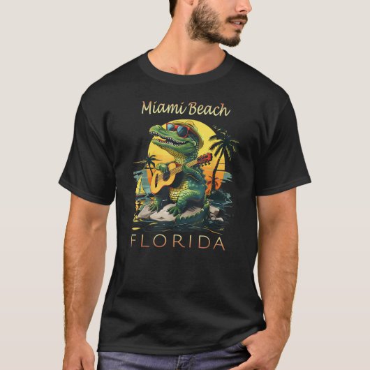 Miami Beach Florida Vacation Cute Alligator Sunset Tシャツ (正面)
