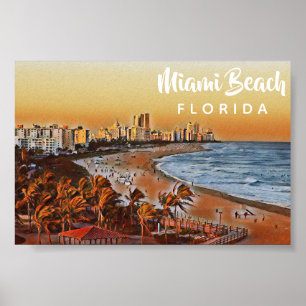 Miami Beach Florida Vintage Watercolor Art ポスター