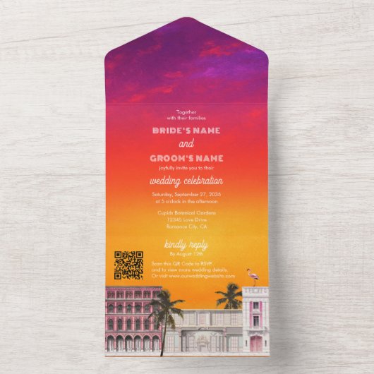 Miami Beach Rainbow Row Charleston Palm Wedding オールインワン招待状 (内側)